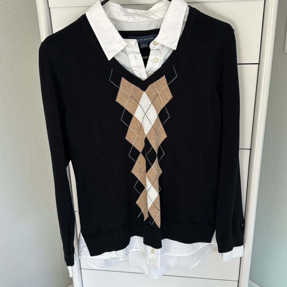 Tommy Hilfiger Womens Black Argyle Layered-Look Pullover Sweater Shirt